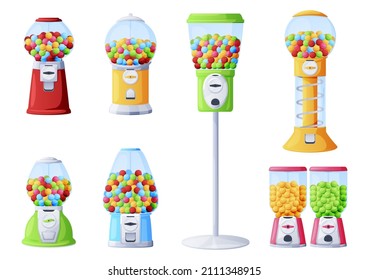 Machines with multicolored chewing gum collection vector illustration. Set retro gumballs container with full of candies dispensers isolated. Vintage vending device with colored bubble gums