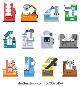 machines for production icons set. Machine for the processing of various materials, flat design. isolated vector illustration