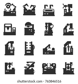 machines for production icons set. Machine for the processing of various materials. Machinery for manufacture processes. Collection of simple vector illustrations