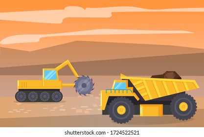 Machines set working on extraction and transportation of coal. Mining industry machinery on field with minerals and natural resources. Landscape and tractor loaded with soil. Vector in flat style