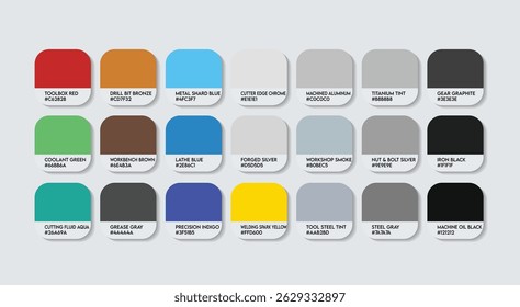 Paleta de cores do machinista - guia de amostra de catálogo do machinista Themed Color Swatch com códigos HEX. Paleta de cores com tecnologia inspirada e tons temáticos Machinist.