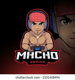 Macho beach man gamer vector mascot logo illustration for esport gaming, background, badge or streamer