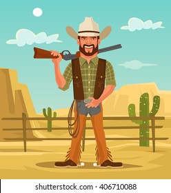Macho Handsome Cowboy. Vector Flat Cartoon Illustration