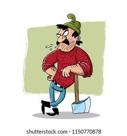 Macho lumber jack with axe and moustache spitting