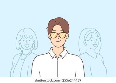 Macho man in sunglasses stands next to two girls vying for attention of handsome guy. Macho man in formal white shirt smiles showing self-confidence and readiness to seduce and go on date