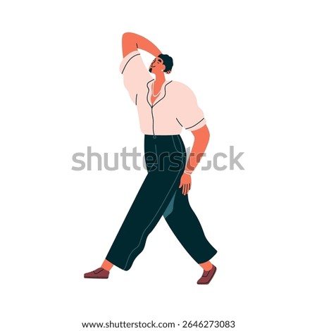 Macho man walking, flirting pose. Flirty self-assured confident male character smiling. Sexy seductive selfish narciss, cheeky sassy seducer. Flat vector illustration isolated on white background