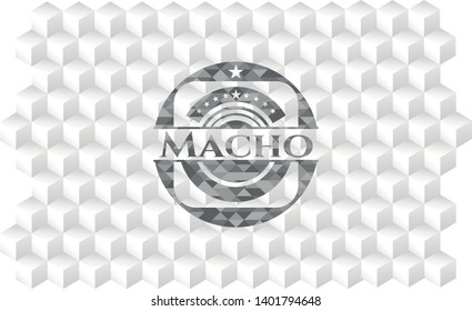 Macho realistic grey emblem with cube white background