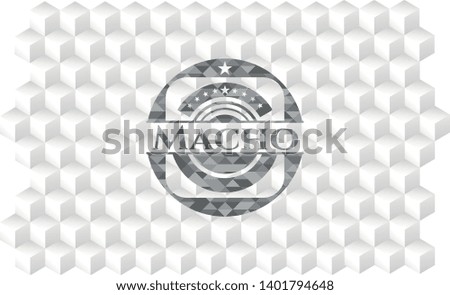 Macho realistic grey emblem with cube white background
