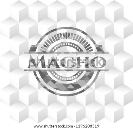 Macho realistic grey emblem with geometric cube white background