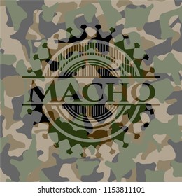 Macho written on a camo texture