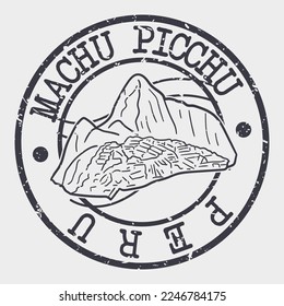 Machu Picchu, Aguas Calientes, Peru Silhouette Postal Passport. Stamp Round Vector Icon. Design Travel Postmark. 