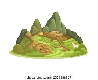 Machu Picchu Aka Lost City Of Inca Landmark Destination From Peru Cartoon Illustration Vector