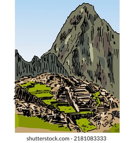 Machu Picchu. Antike Inka-Zitadelle in den Anden Bergen in Peru. Handgezeichnet bunter Vektorkunst.