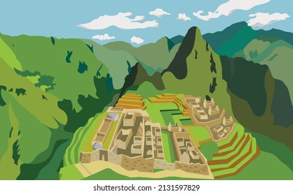 Machu Picchu. Cusco, Peru. Wonder of the World. Vector Illustration