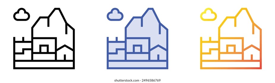 Machu Picchu icono. Lineal, relleno azul y diseño de estilo degradado aislado sobre fondo blanco