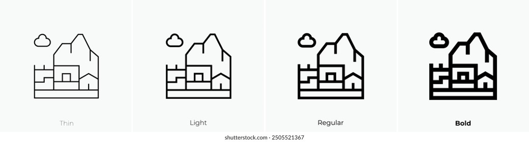 Machu-Picchu-Symbol. Dünnes, helles Design im regulären und kühlen Stil, einzeln auf weißem Hintergrund