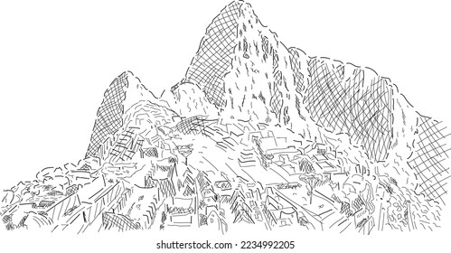 Machu Picchu illustration, lines. One of the 7 wonders of the world located in Peru. Tourist destination in South America