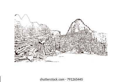 Machu picchu landscape, Peru. vintage engraved illustration, hand drawn, sketch