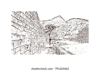 Machu picchu landscape, Peru. vintage engraved illustration, hand drawn, sketch