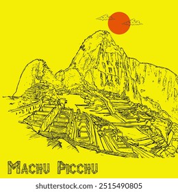 Machu Picchu: The Lost Incan City in the Clouds, Unveiling Ancient Mysteries and Timeless Beauty, sketch vector illustration.