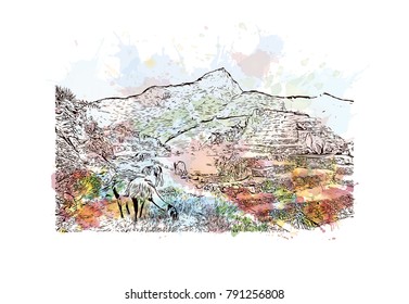 Machu Picchu in Peru - lost city of Incan Empire is UNESCO heritage. Watercolor splash with sketch illustration in vector.