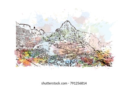 Machu Picchu in Peru - lost city of Incan Empire is UNESCO heritage. Watercolor splash with sketch illustration in vector.