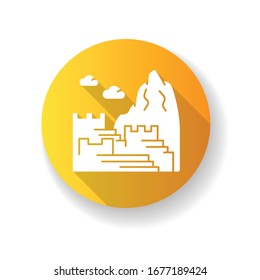 Machu picchu yellow flat design long shadow glyph icon. Inca citadel in mountains. Tourist attractions. Ancient monument of civilization of Indians. Silhouette RGB color illustration