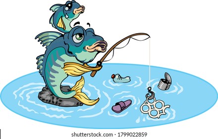 Mackarel fish with baby has to reverse roles with humans and fish the trash  from polluted water.