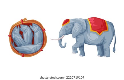 Mackerel Basket And Huge Elephant Animal As Thailand Symbol And Famous Object Vector Set