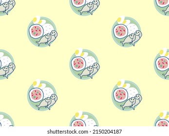 Mackerel cartoon character seamless pattern on yellow background.