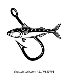 Mackerel fish and crossed fishing hooks. Design element for logo, emblem, sign, poster, t shirt. Vector illustration