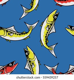 Mackerel Fish Drawing Illustration Seamless Pattern