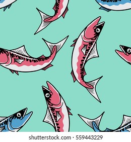 Mackerel Fish Drawing Illustration Seamless Pattern
