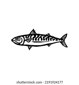 Mackerel, Fish, Japanese  Woodcut Style Hand-drawn Vector Illustration