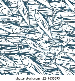 Mackerel fish monochrome pattern seamless with tuna floating underwater in ocean or aquarium flock fish for seafood restaurant vector illustration