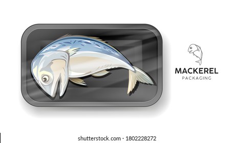 Mackerel fish one, in black foam tray wrapped in plastic packaging, design popular food in thailand on gray background, Eps 10 vector illustration