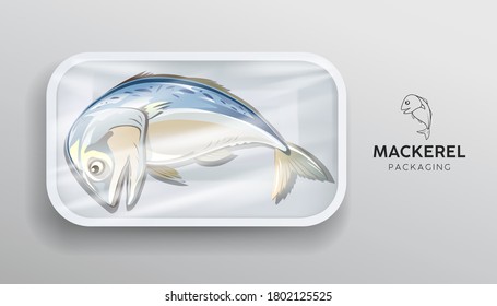 Mackerel fish one, in foam tray wrapped in plastic packaging, design popular food in thailand on gray background, Eps 10 vector illustration