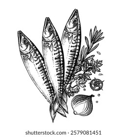 Mackerel with herbs and vegetables. Hand-drawn vector illustration. Black and white image of seafood. On a white background. For menus, recipe books, packages, labels, invitations.