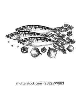 Mackerel with herbs and vegetables. Hand-drawn vector illustration. Black and white image of a fish dish. On a white background. For menus, recipe books, packages, labels, invitations.