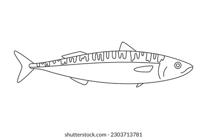 Mackerel line art, scomber seafood and underwater animal. Water delicacy, gourmet. Fishing. Coloring for children. Vector illustration isolated on white background