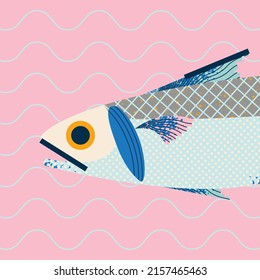 Mackerel on pink background. Stylish illustration of fresh fish in a cartoon flat style.