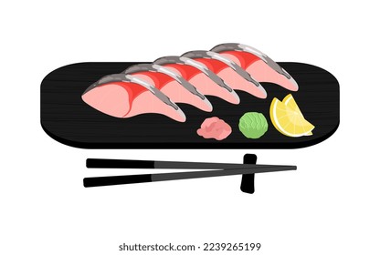 Mackerel sashimi vector illustration isolated on white background. Saba sashimi. Traditional Japanese food. Raw fish with ginger, vasabi and lemon on plate. Flat cartoon style