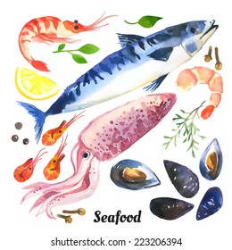 Mackerel. Scomber. Watercolor set of sea food with trout, salmon and mussels drawn by hand on a white background.