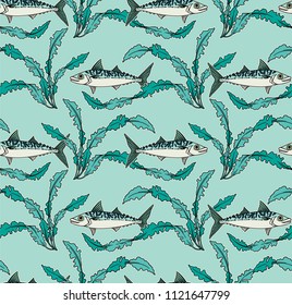 Mackerel and seaweed seamless pattern Art Nouveau or Art Deco wallpaper vintage style nature vector illustration