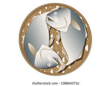 Mackerel steamed fish in bamboo basket graphic vector