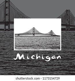 Mackinac bridge - famous architectural construction in Michigan. Beautiful vector illustration of a long steel suspension bridge, architecture located in North America.