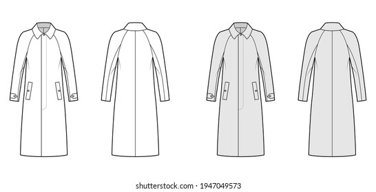 Mackintosh coat technical fashion illustration and raglan long sleeves  regular collar  midi length  Flat rubber jacket template front  back  white  grey color style  Women  men unisex top CAD mockup