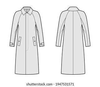 Mackintosh coat technical fashion illustration and raglan long sleeves  regular collar  oversized body  midi length  Flat rubber jacket template front  back  grey color style  Women  men  CAD mockup