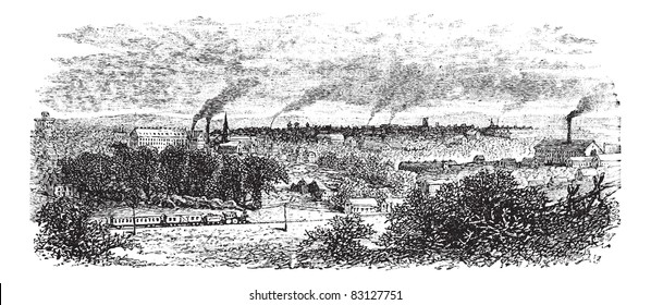 Macon or Heart of Georgia in Georgia, US, during the 1890s, vintage engraving. Old engraved illustration of Macon industrial area with smokestacks. Trousset encyclopedia (1886 - 1891).