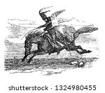 Macon was violent and Impious man who was accompanied by a stranger sitting on horse back having supernatural powers, vintage engraved line art illustration. Infernal Dictionary 1863.